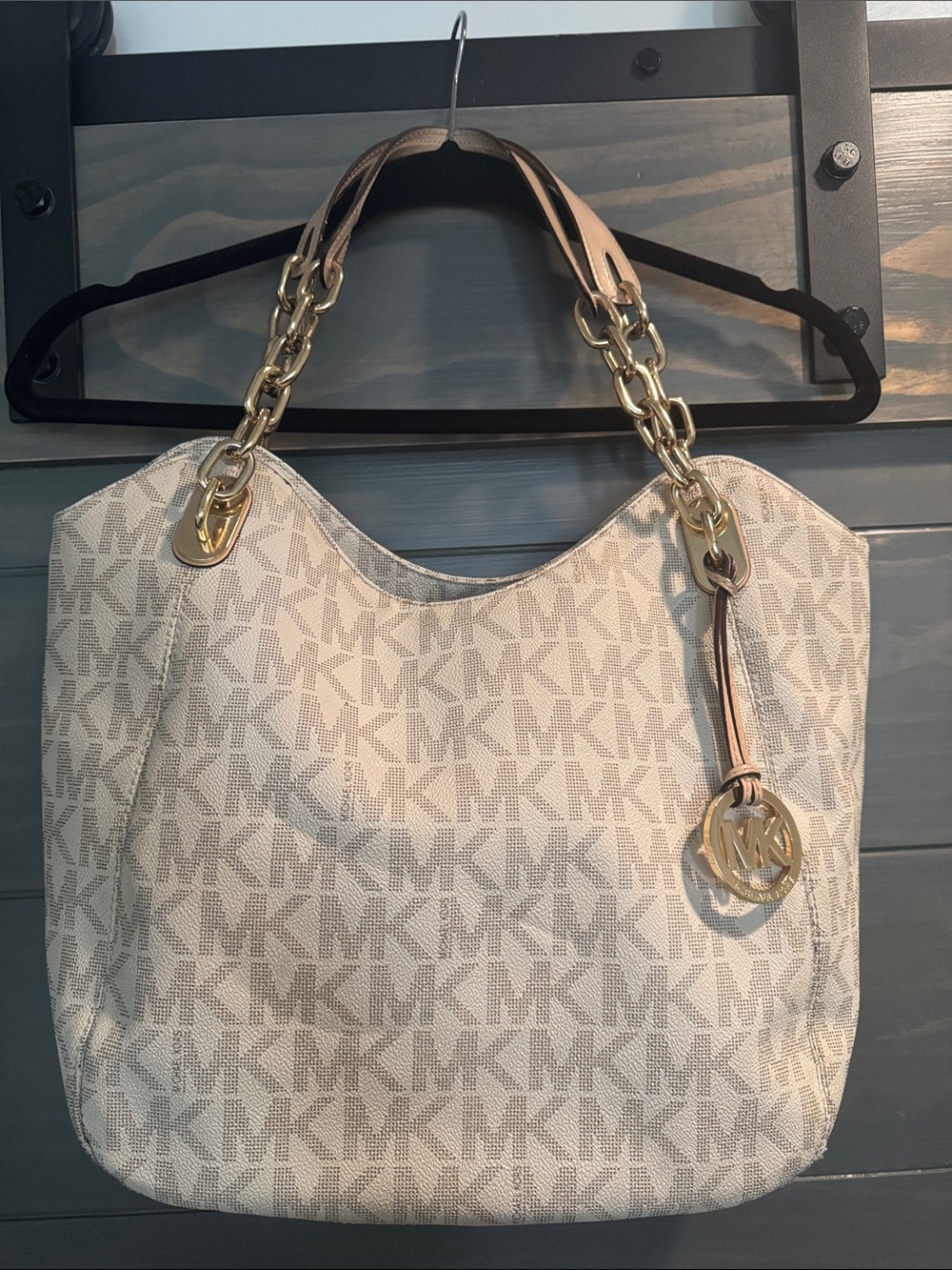 Michael Kors Fulton Large Vanilla MK Signature Chain Hobo Bag